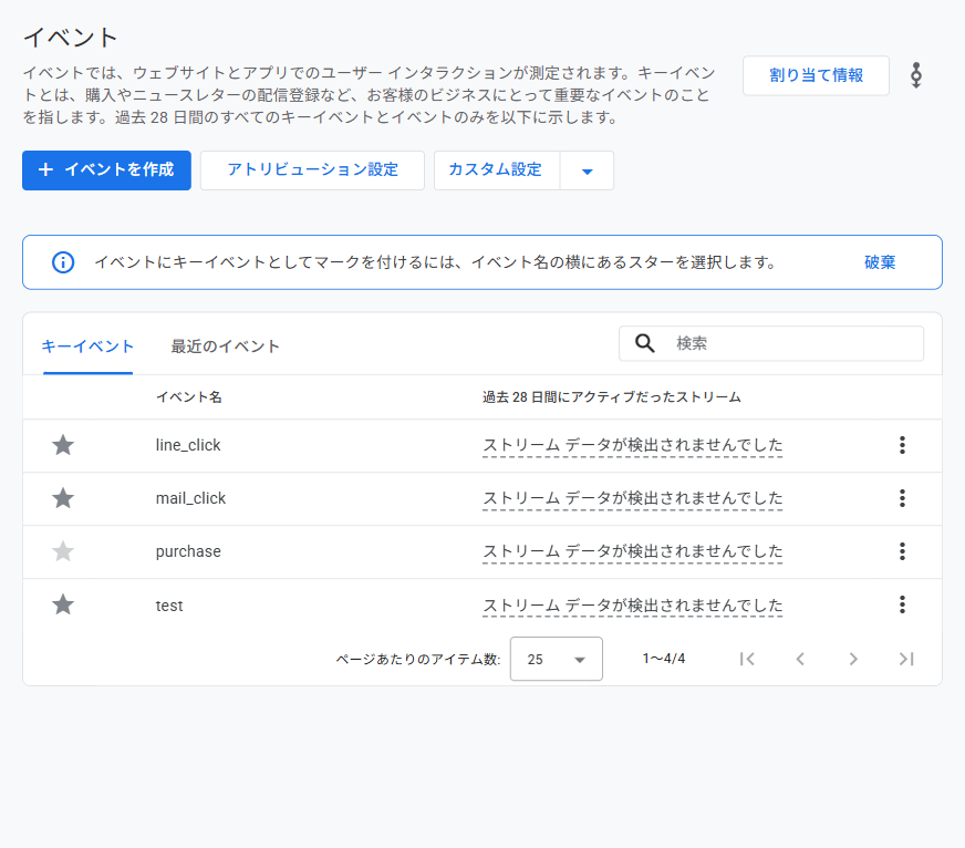 GA4のキーイベント一覧。line_click と mail_click のスターが塗りつぶされている